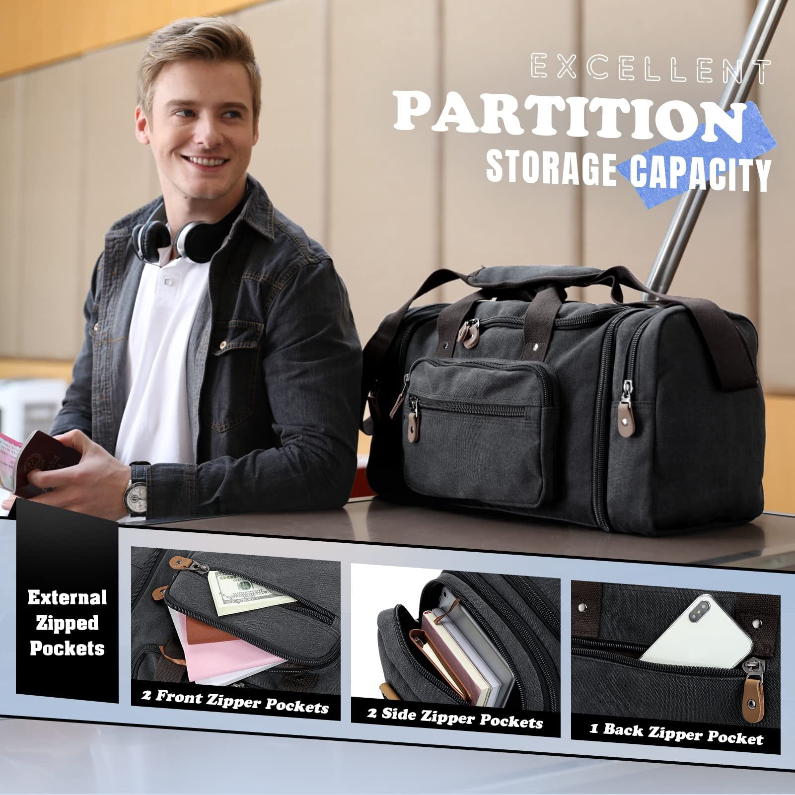 Gonex 60L Canvas Duffel Bags 26" Expandable Travel Duffle Overnight Weekender Bag for Men Women