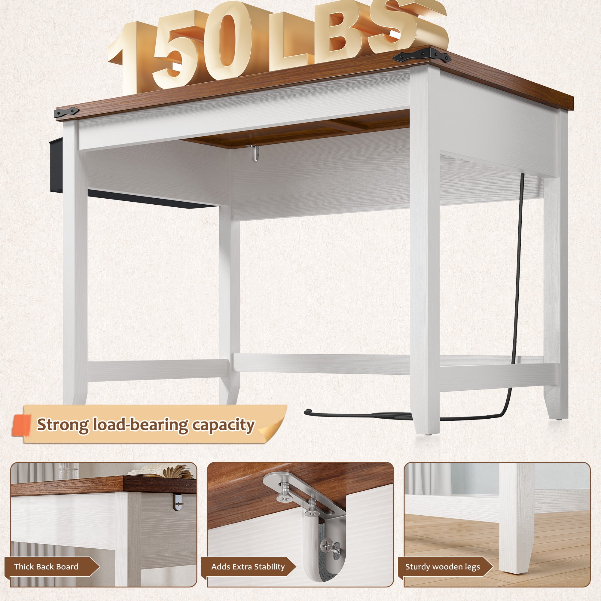 Enhomee Desk Small Desk with Power Outlet 40.1“W Computer Desk with Storage Bag, Brown & White