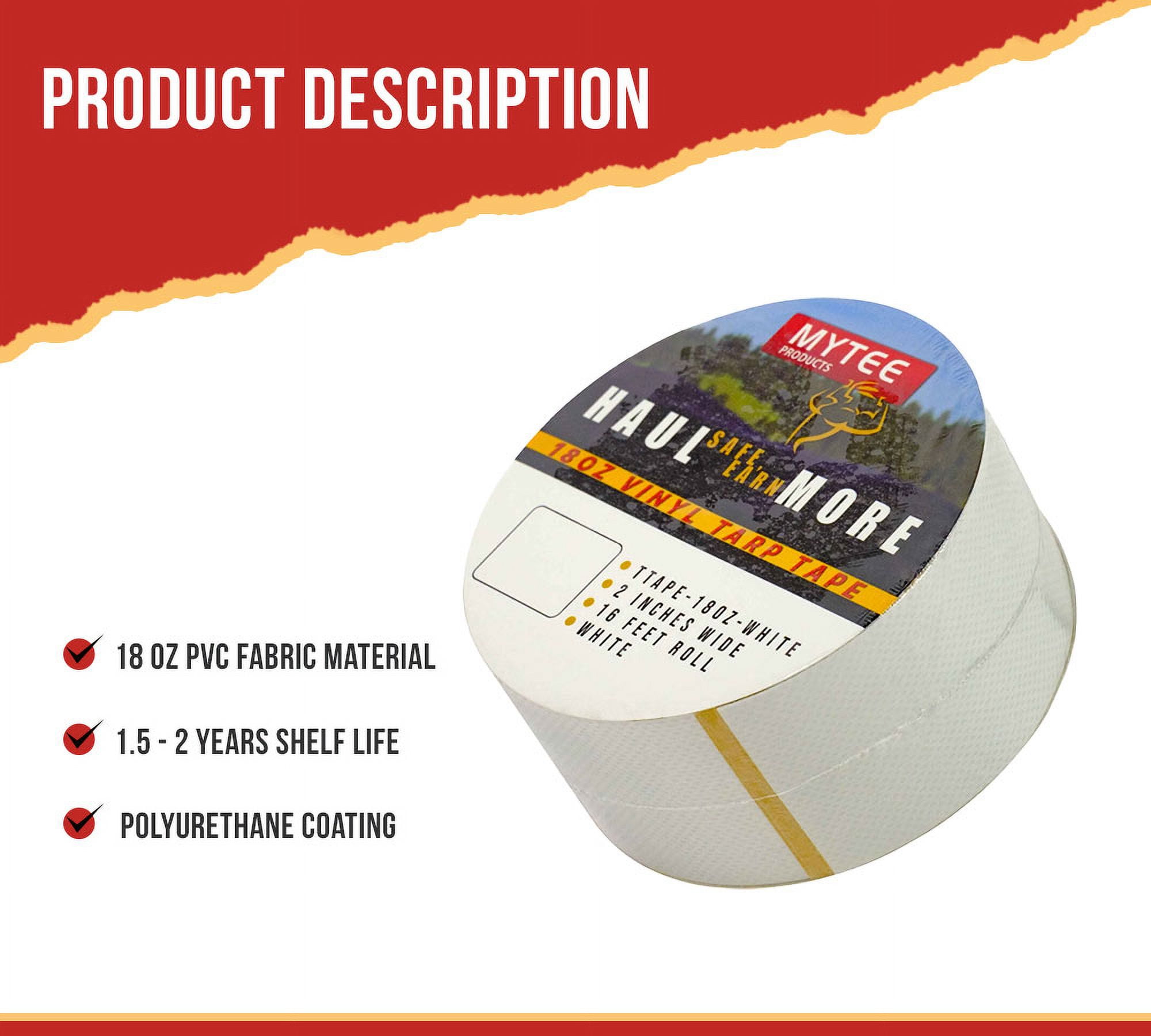 18 oz Waterproof White Vinyl Tarp Repair Tape 2 Inch x 16 FT with Heavy Duty Adhesive Backing - Tarp Patch Kit, Tarp Repair Kit