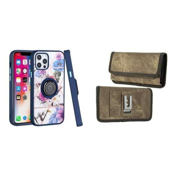 Bemz Ring Series Case for iPhone 14 Pro Max (TPU Silicone Cover with Magnetic Stand) and Rugged Denim Nylon Belt Holster Pouch (Blue Purple Flowers/Tan Brown)