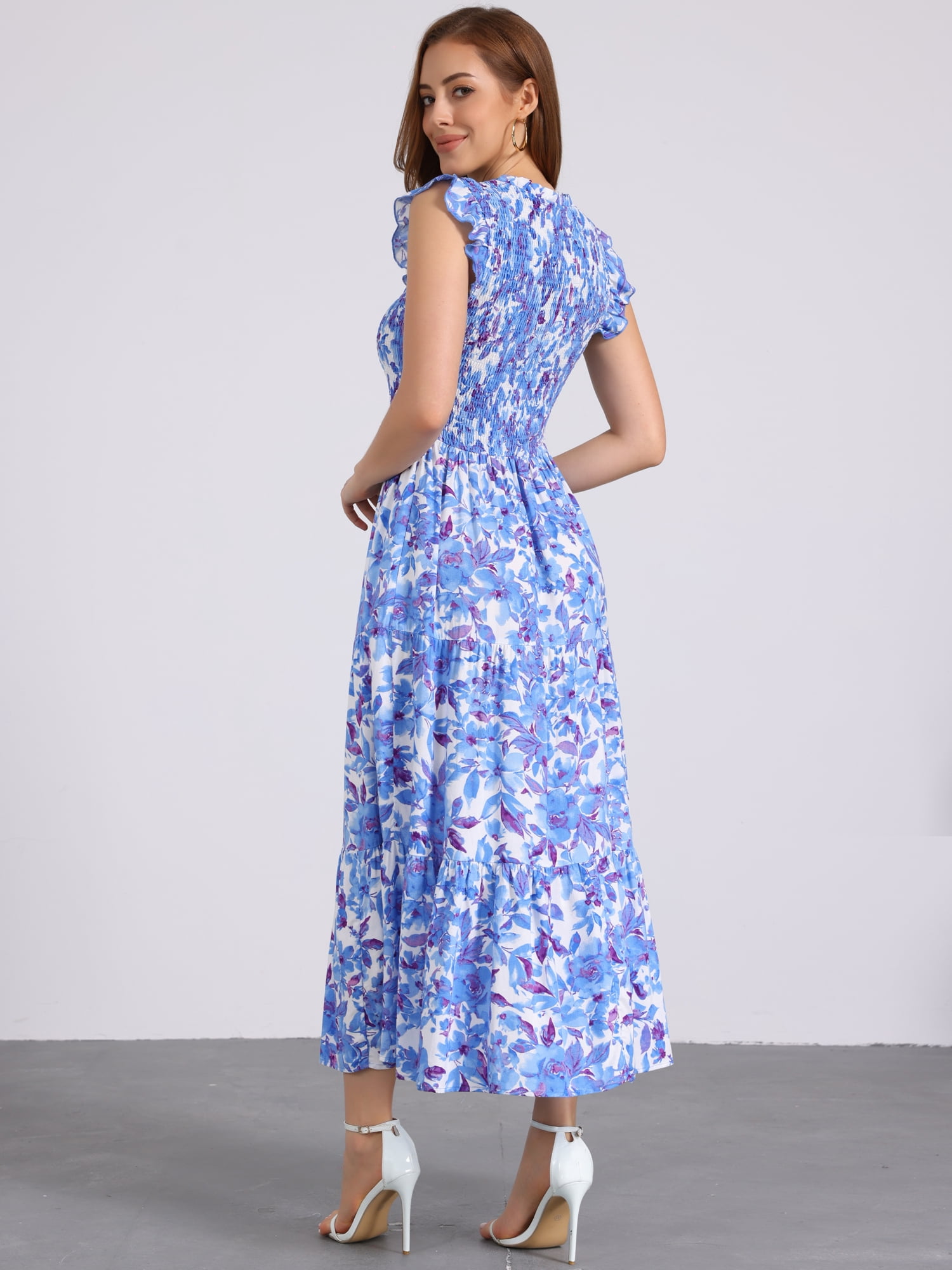 DARING DIVA V Neck Smocked Ruffle Tiered Maxi Dress L Blue