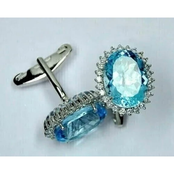 14k White Gold Plated Silver 4Ct Oval Cut Lab-Created Blue Topaz Halo Stud Men's Cufflinks