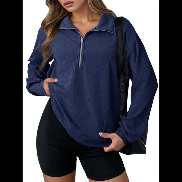 Sudadera Ligera y Suave de Larga con Solapa y Media Cremallera para Mujer, Estilo Informal, Holgada y con Cuello de . Azul Oscuro L