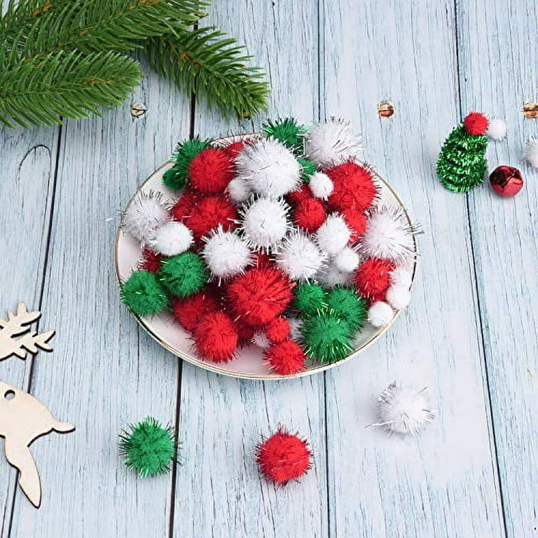 Shappy 100 Pieces Christmas Pom Poms Glitter Pom Decor for Arts Crafts DIY, Green, White and Red (20 mm)