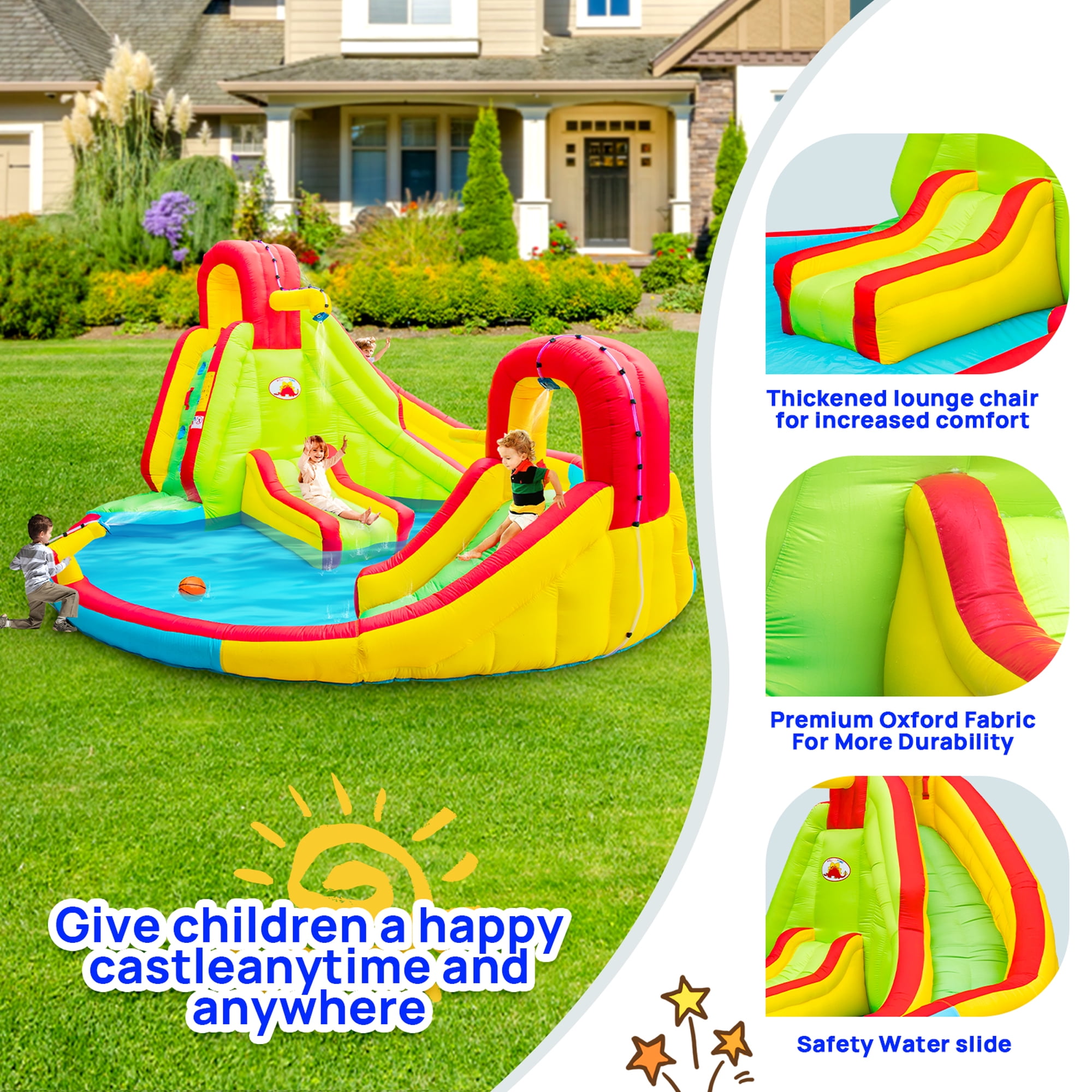 WELLFUNTIME Inflatable Water Slide Bounce House for Kids, Water Park with Blower, Splash Pool for Kids Backyard