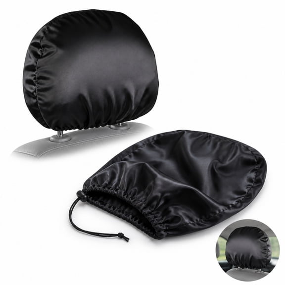2Pcs Black Satin Car Headrest Covers, 13 × 10.2 inch Adjustable Drawstring Hair‑Friendly Head Rest Protectors, Reusable Smooth Fabric Auto Seat Accessories