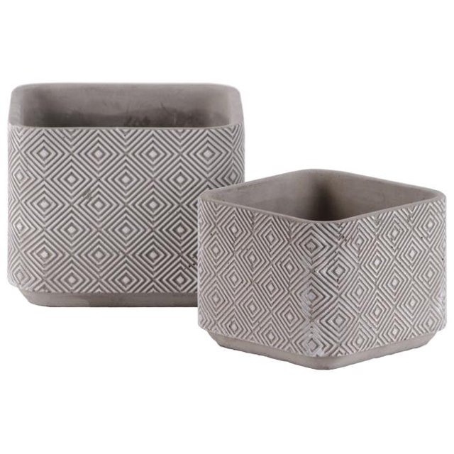 Urban Trends Collection 35751 Cement Square Pot with Engraved Lattice Diamond - Tapered Bottom, Washed Concrete & Gray - Set of 2
