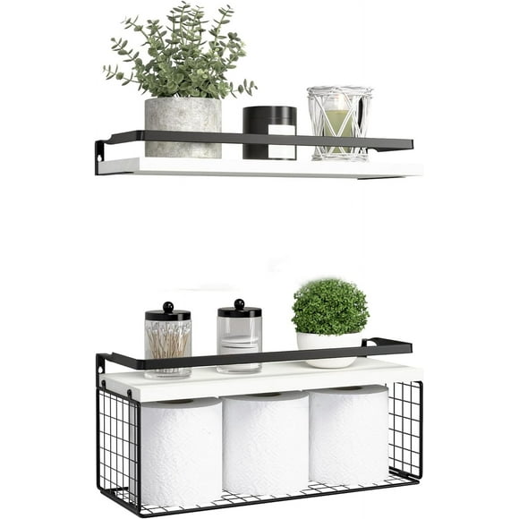 Mistaha Elegant Wall Shelf Set with Storage Basket, Carbon Steel Floating Shelves for Bedroom and Living Room Decor - Easy Installation and Organizer