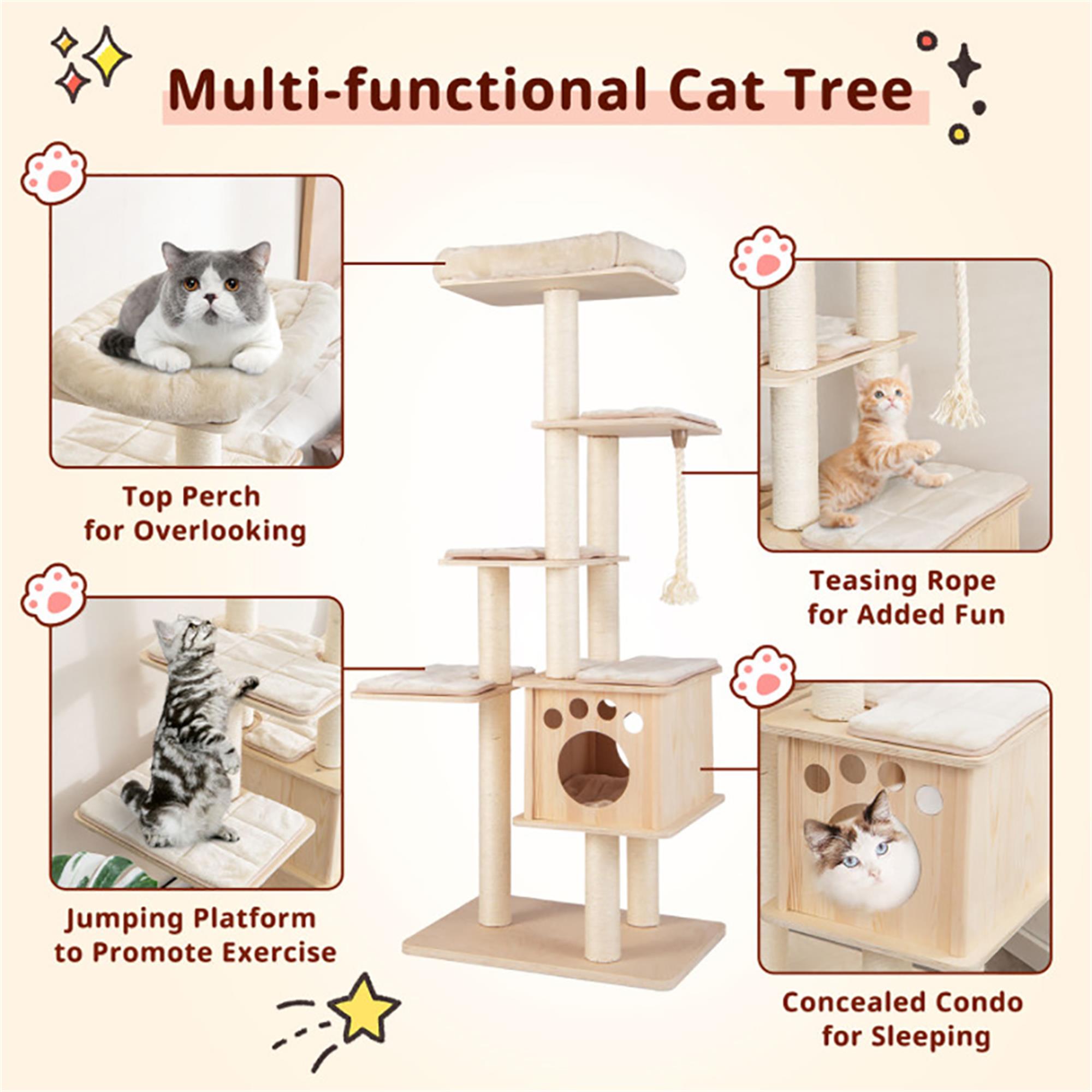 resenkos 67" Cat Tree Tower for Indoor Cats, Cat Tree House with Top Perch, Sisal Rope Scratching Posts, Beige