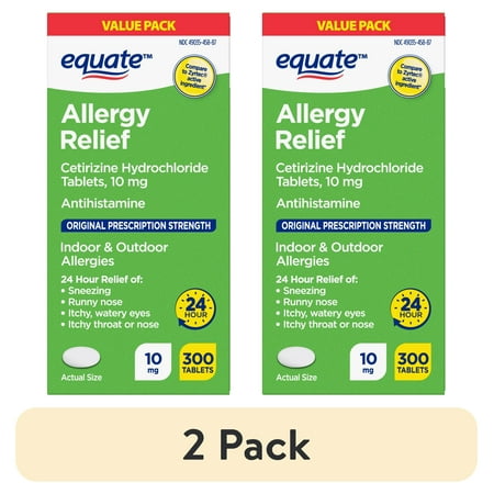 (2 pack) Equate 24 Hour Cetirizine Hydrochloride Allergy Relief Tablets, 10 mg, 300 Count