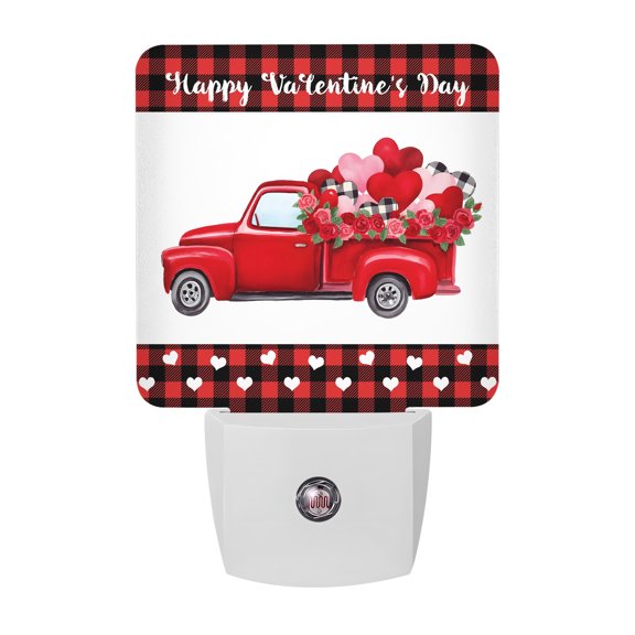 Night Lights Plug into Wall, Happy Valentine's Day LED Night Light with Dusk to Dawn Sensor, Red Roses Car Love Heart Plaid Decorative Nightlight for Hallway Bathroom Kitchen