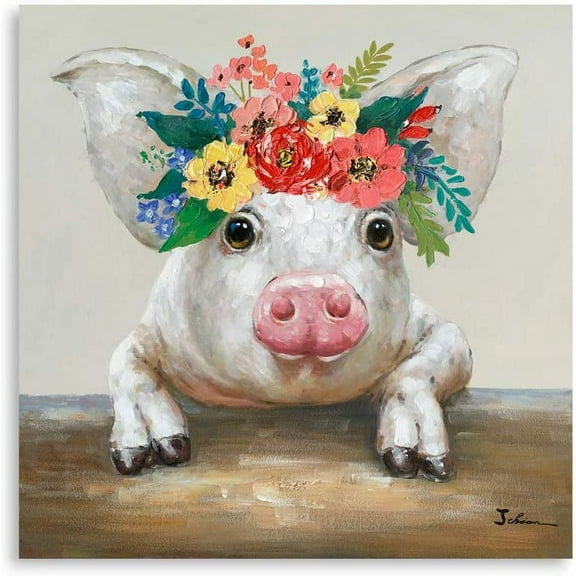 WFSposter Pig Canvas Picture Wall Art: Rustic Pig Floral Crown Wall Decor Farm Animal Wall Art Pioneer Woman Kitchen Farmhouse Home Decorations