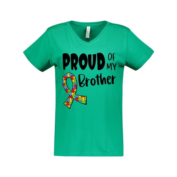 Inktastic Proud of my Brother Autism Awareness Puzzle Piece Ribbon Women's V-Neck T-Shirt