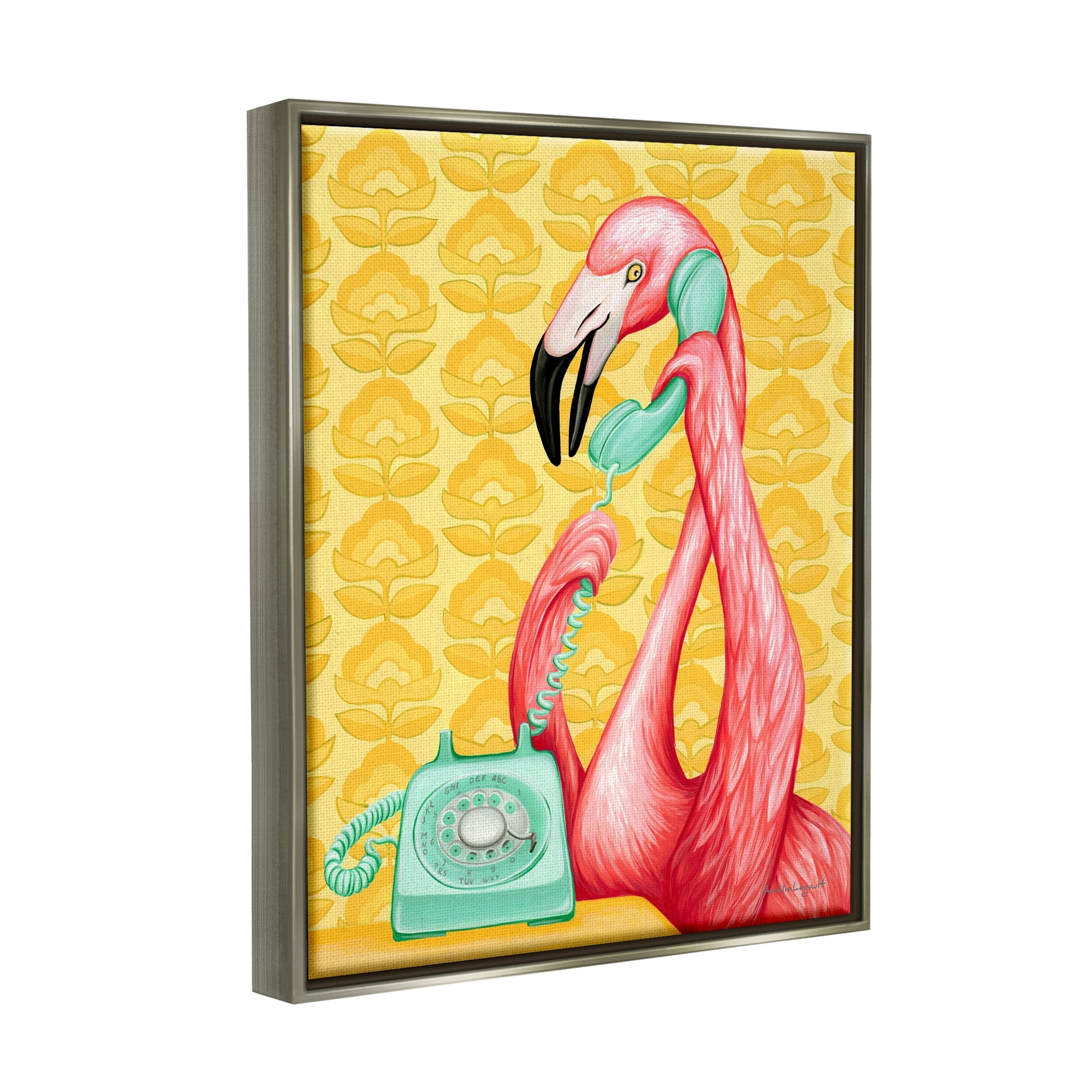 Stupell Industries Flamingo Calling Dial Telephone Groovy Flowers Wallpaper Graphic Art Luster Gray Floating Framed Canvas Print Wall Art, Design by Amelie Legault