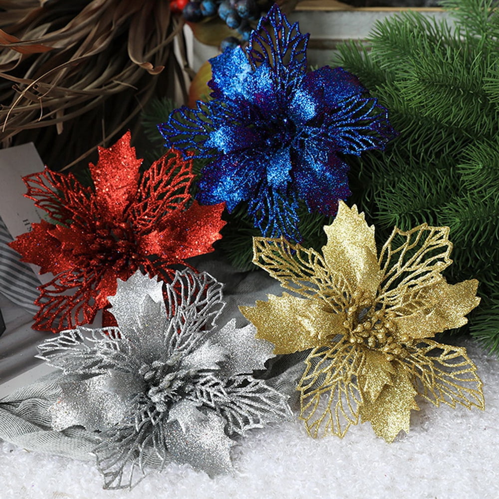 10Pcs Glitter Poinsettia Flowers Christmas Tree Ornaments, Artificial