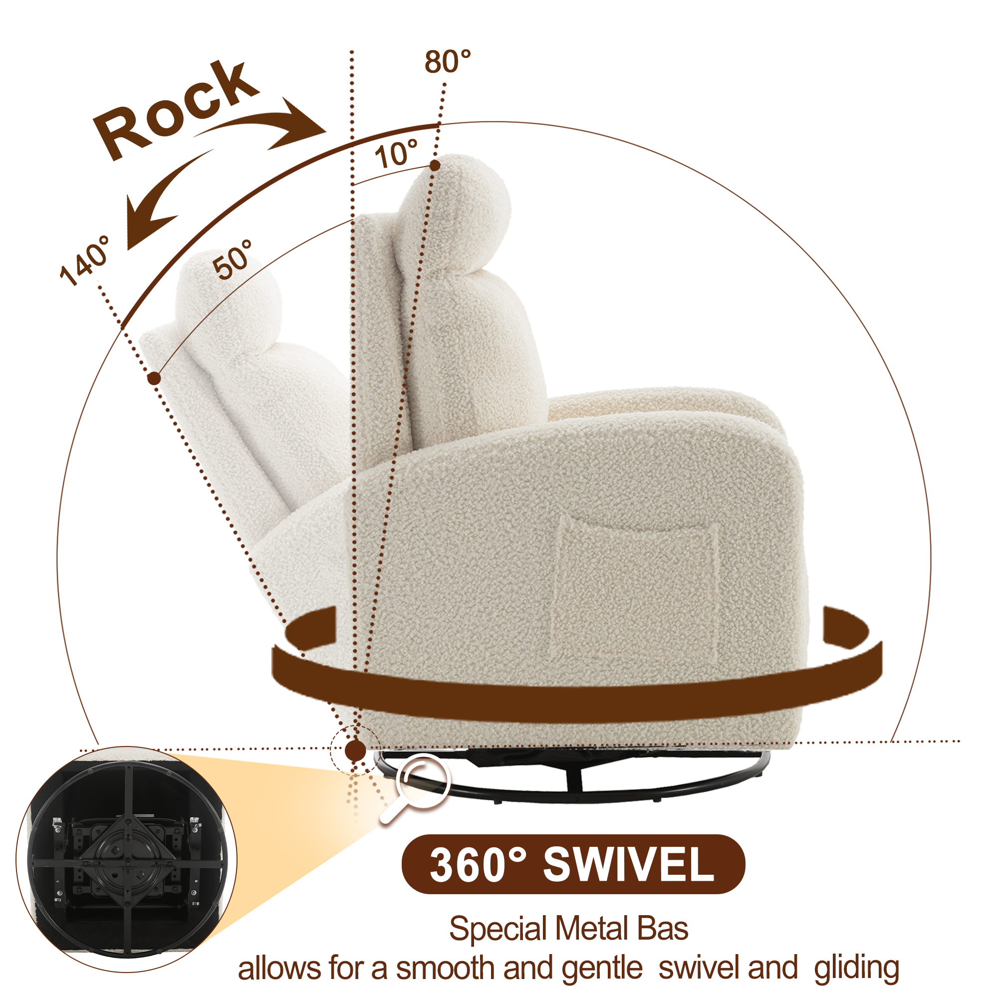 Muumblus Teddy Nursery Glider Swivel Glider Rocking Chair with Lumbar Pillow, White - image 4 of 9