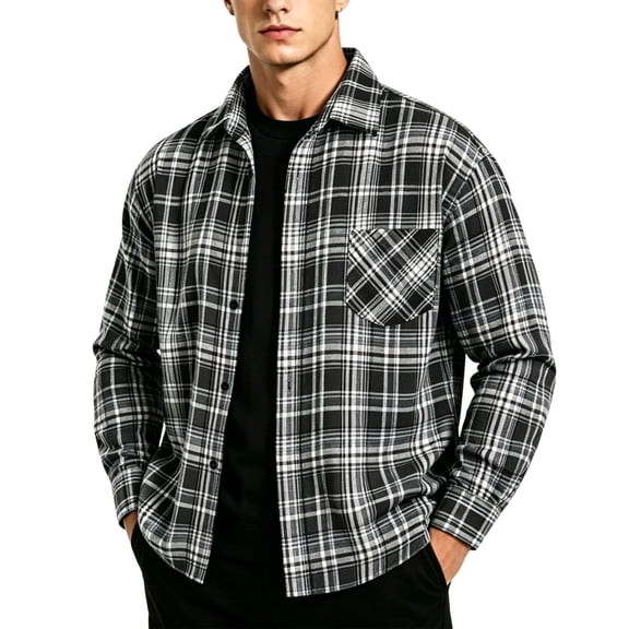 Men's Plaid Button Down Long Sleeve Casual Shirt With Pockets Turndown Collar Oversized Fit Polyester Sport Shirt Top for Fishing Hiking Camping Outfits | JASKFLY,Black L
