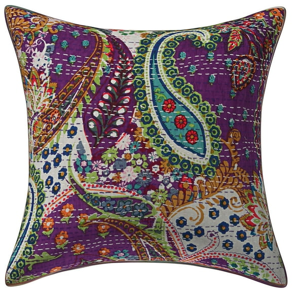 Stylo Culture Ethnic Sofa Throw Pillow Cover 16x16 Floral Kantha Purple Printed 40x40 cm Home Decor Accent Pillowcase Cotton Paisley Square Cushion Cover | 1 Pc