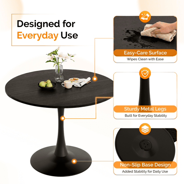 Round Tulip Dining Table, 39.4 Inch Dining Table for 4 People, Melamine Laminated MDF Tabletop with Metal Pedestal Base, Easy Assembly Kitchen Dinner Table for Dining Room, Home, Apartment, Black