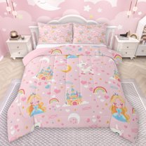 Manfei Cute Cartoon Princess Full Size Comforter Sets,Fairy Tale Castle Bedding Comforter Set,Colorful Rainbows Unicorn Bedding Sets For Girls Kids,Luxury Bedroom Decor Reversible,3 Pieces