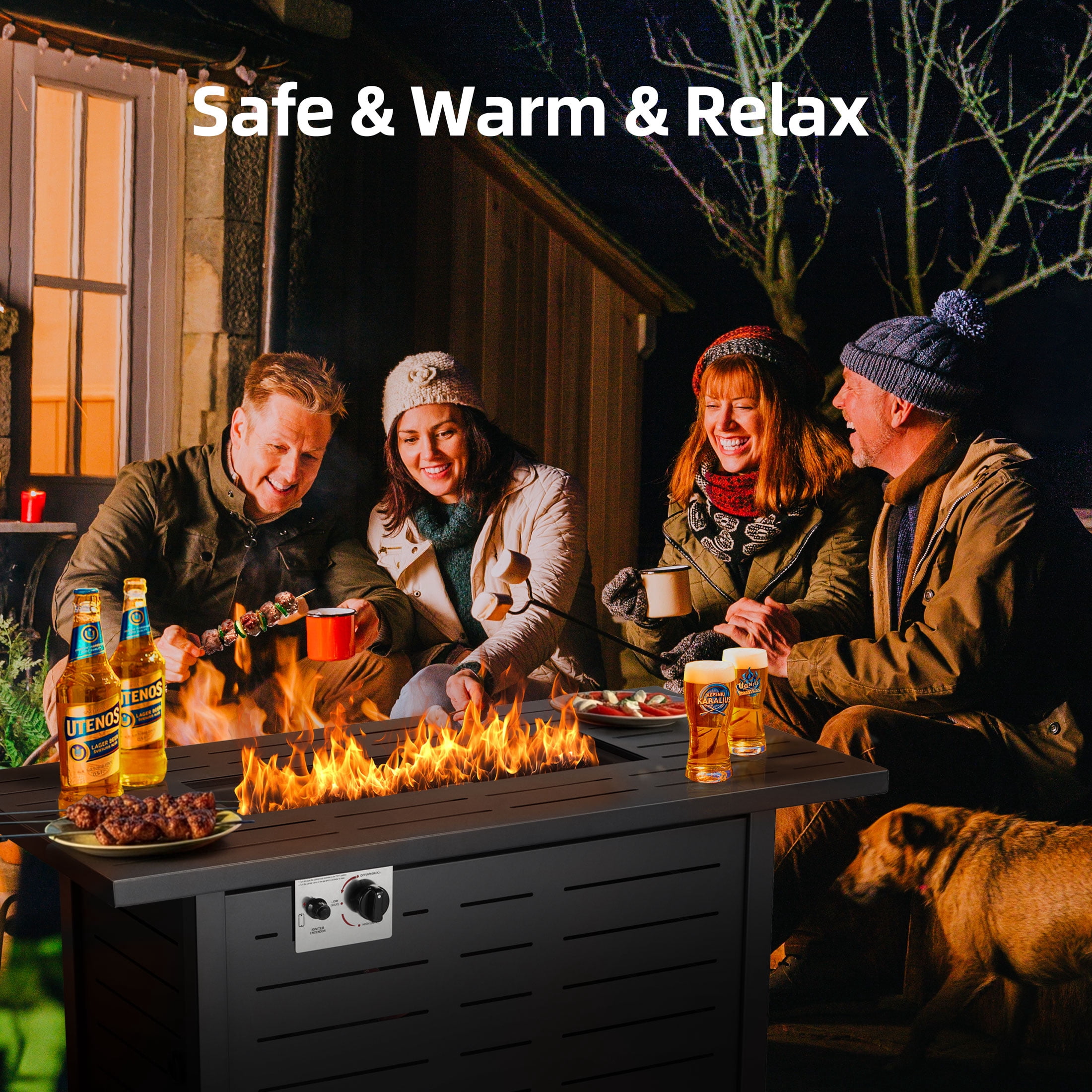 LHRIVER 43" Propane Fire Pit Table, 50,000 BTU Outdoor Windproof Gas Fire Pit with Lid, Smokeless  Glass Rocks, Cover