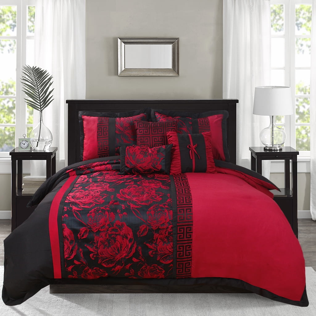 7-Piece Bedding Comforter Set QUEEN SIZE BLACK/RED SHAMS PILLOWS BEDSKIRT ROOM 