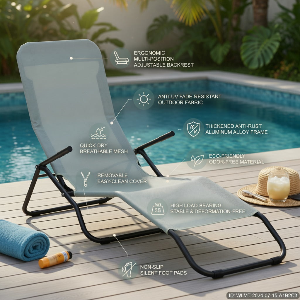 Hommoo 2-Pack Folding Patio Chaise Loungers with Rocking Motion, Heavy-Duty Steel Frame, Breathable Fabric, Easy-Store Design for Backyard, Poolside & Garden, Gray