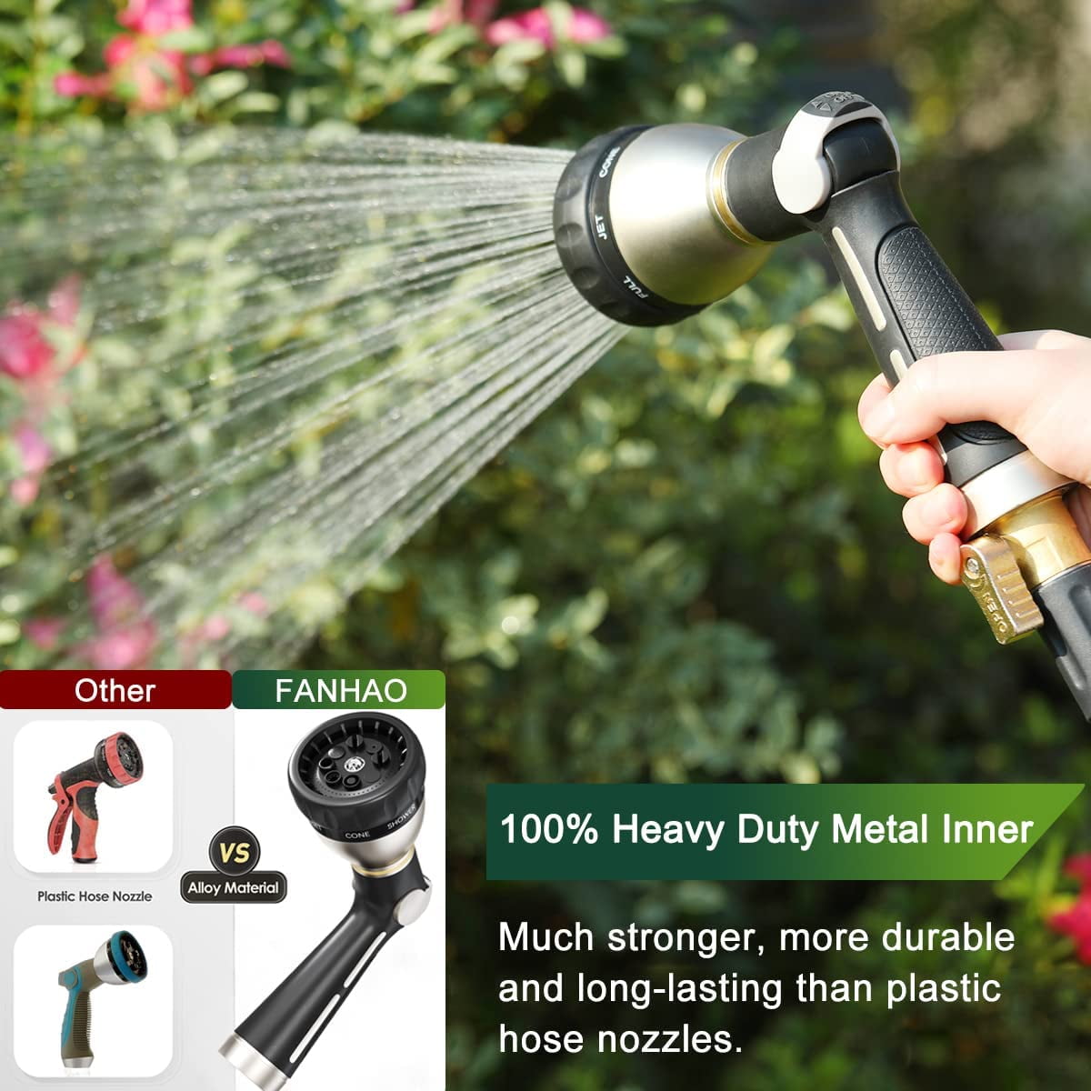 FANHAO Heavy Duty Garden Hose Nozzle with 8 Spray Patterns, Watering Hose Nozzle, Thumb Control