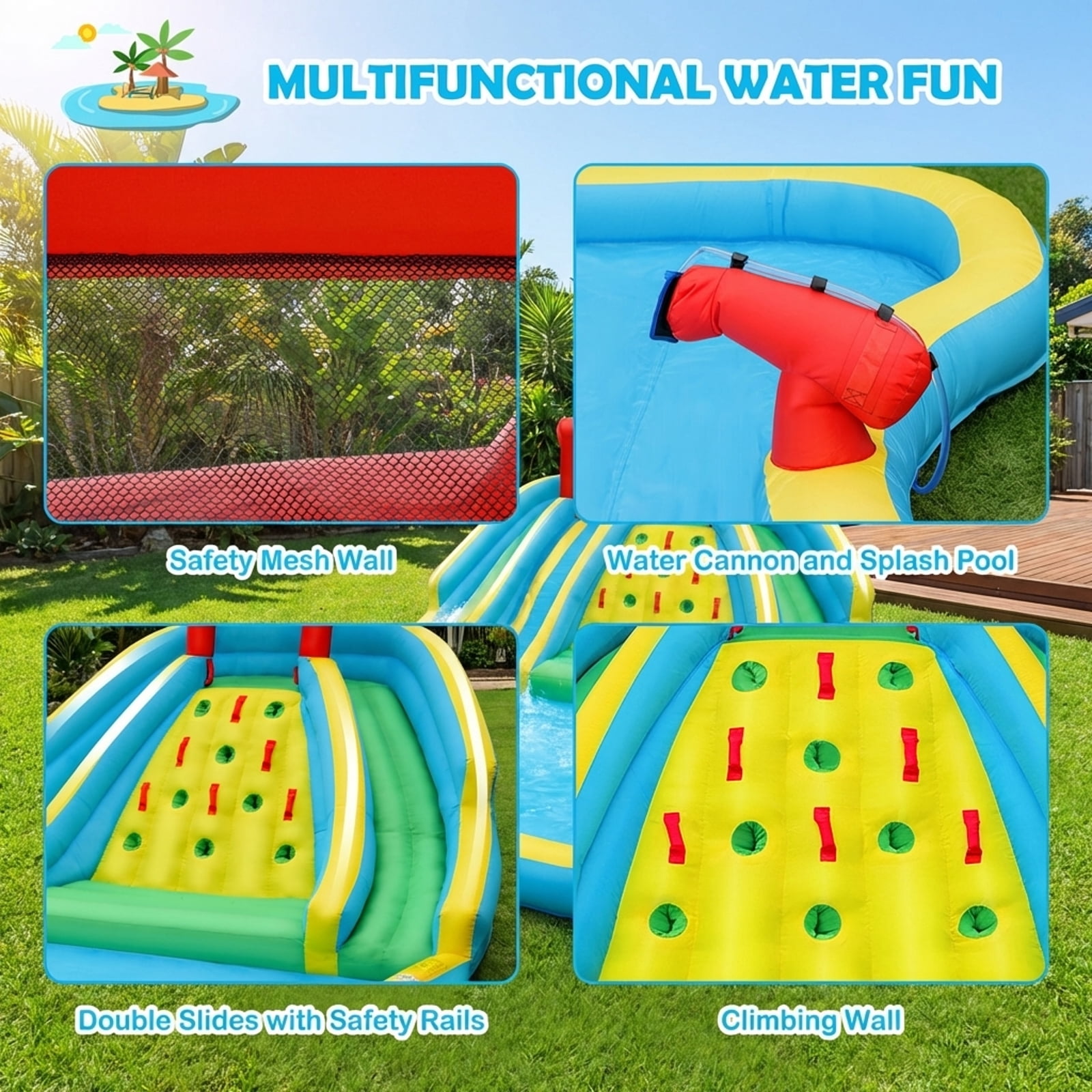 Redsmile Inflatable Water Park Bounce House with Double Slide and Climbing Wall with 735W Blower - Multicolor