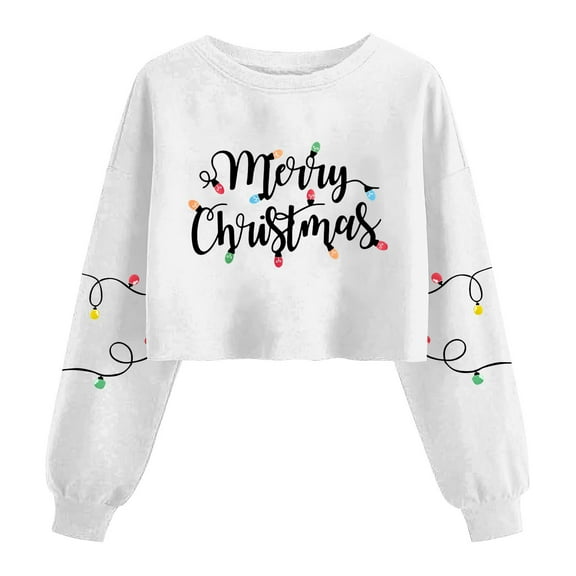 Guzom Womens White Christmas Crop Top Sweatshirt - Merry Christmas Light Print, Long Sleeve Crew Neck, 100% Polyester, S-XL,Size S