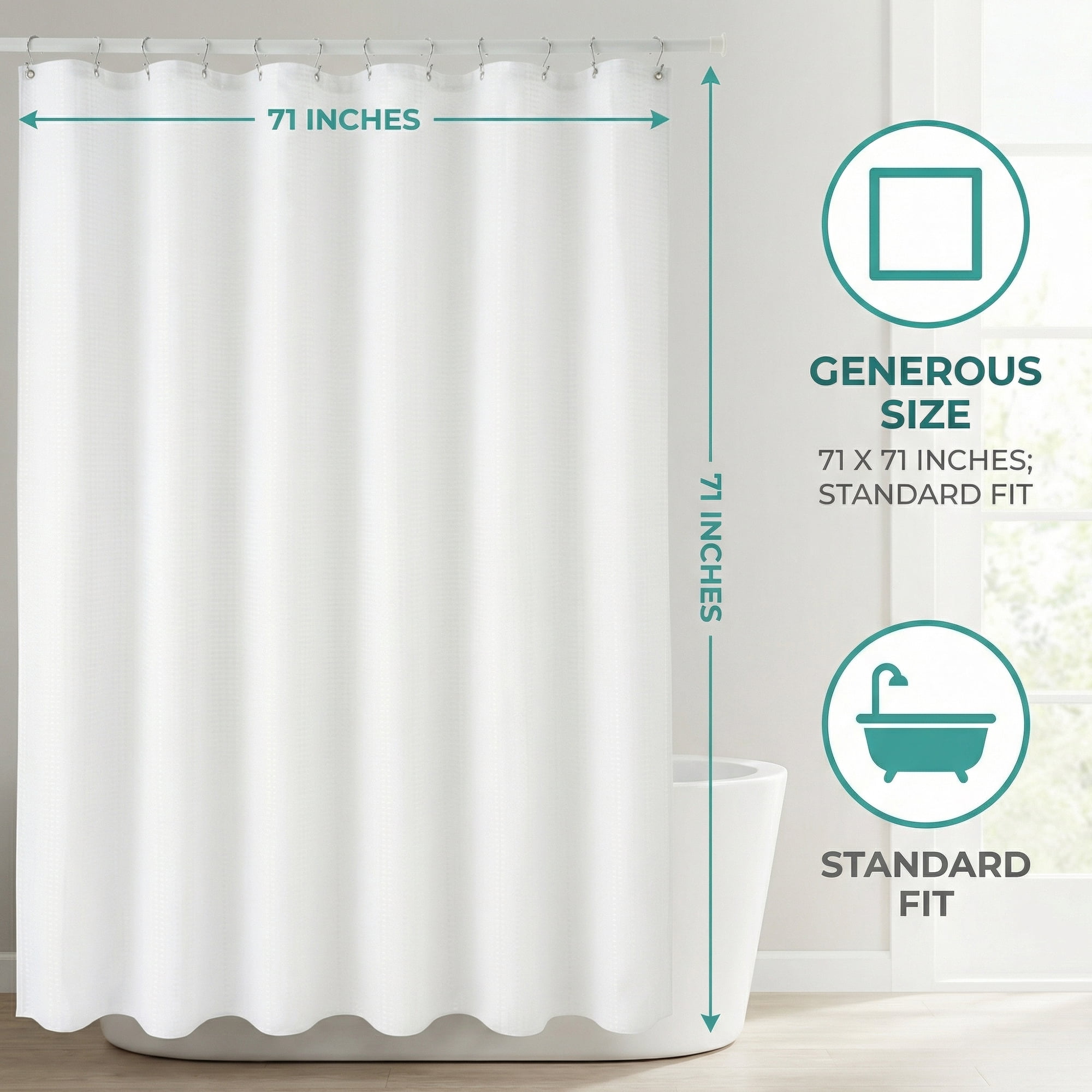 Unique Bargains Waffle Weave Shower Curtain Sets with 12 Hooks White 71"W x 71"L