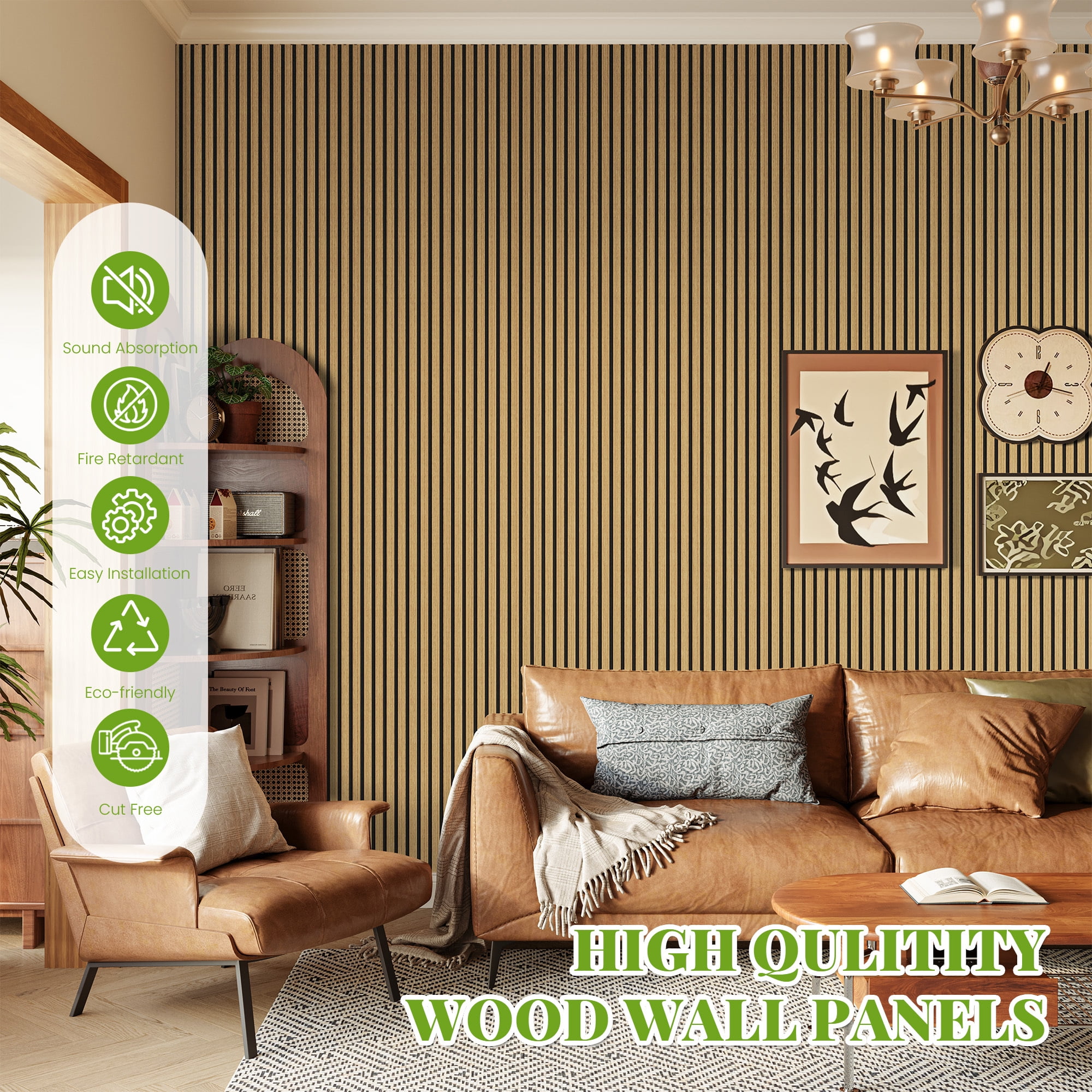 Easy4Home 2Pcs 106"x12.6" Wood Slat Acoustic Wall Panels, 3D Fluted Soundproof Decorative Panels for Interior Walls, American Oak