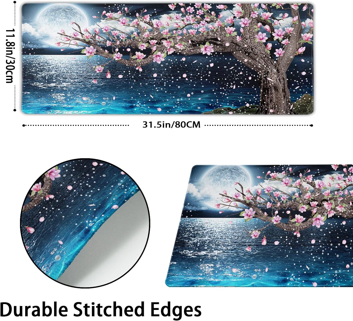 Japanese Pink Floral Gaming Mouse Pad XL Sakura Cherry Blossom Magnolia Tree Blue Ocean Moon Night Extended Big Large Desk Mat Non-Slip Rubber Base Stitched Edge Long Keyboard Mousepad 31.5×11.8 in