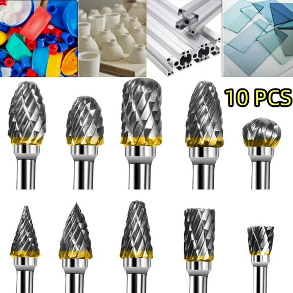10Pcs Carbide Burr Bits Set Compatible with Dremel 1/8",  for Attachments Cutting Burrs Metal Grinding Engraving Porting Double Cut