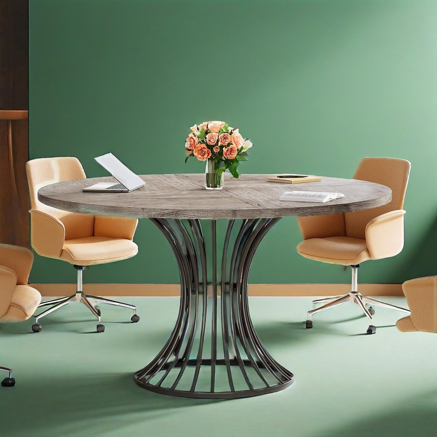 Dining Table, Round Conference Table for 4-6 People, Industrial Style with Metal Base, 46.85 in L x 46.85 in W x 29.92 in H