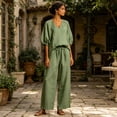 thumbnail image 3 of Quixlent Women's Casual 2 Piece Lounge Sets Puff Half Sleeve V Neck Top And Wide Leg Pants Travel Vacation Outfits with Pockets, 3 of 8