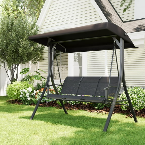 Danolapsi 3 Person Patio Swing Chair,3 Seat Outdoor Porch Swing with Adjustable Canopy, Convertible Patio Swing Bed with Stand Patio SwingChair with Adjustable Tilt Shade