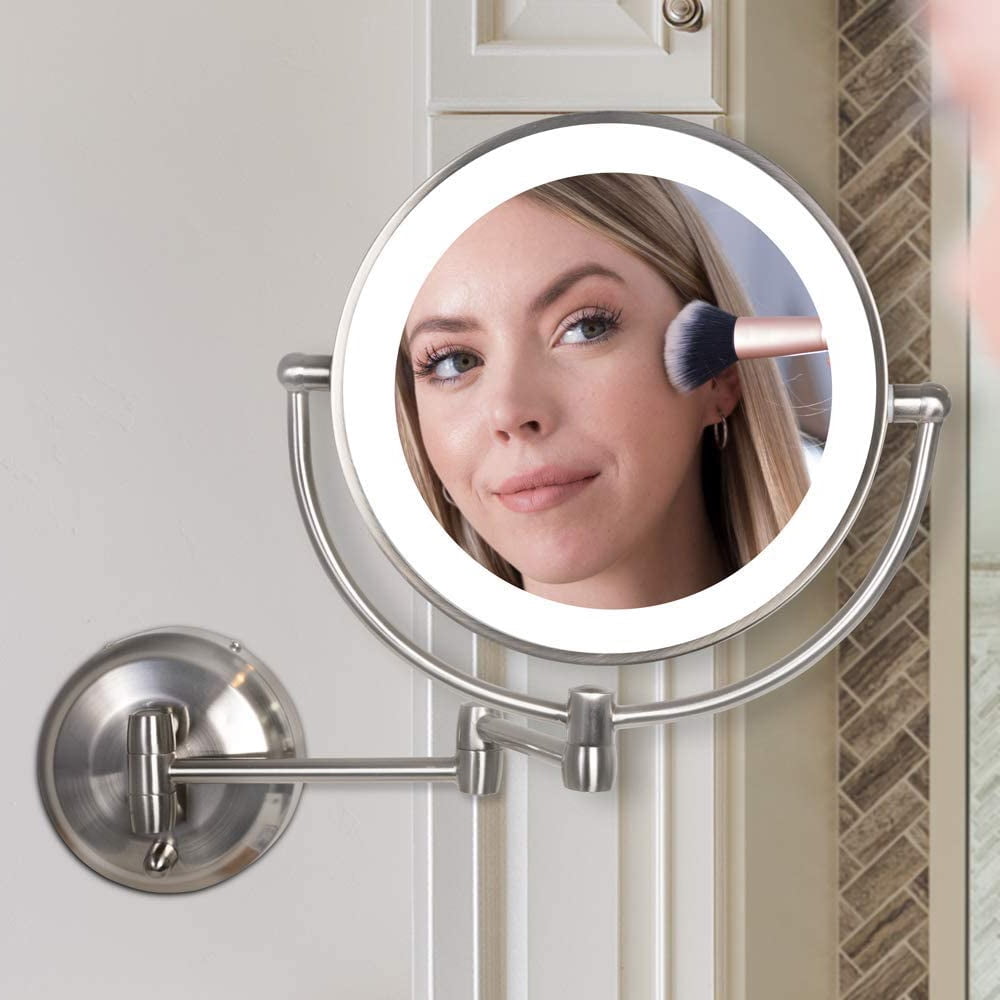 Miroir De Maquillage Mural Double Face 1X/10X - Bras Extensible 360° - Nickel Brossé - Pour Salle De Bain Ou Coiffeuse - 10