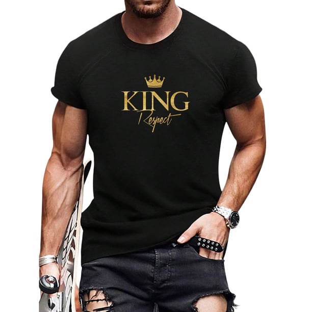 Corona y rey RESPECT carta gráfica impresión hombres creativos top, casual manga corta ligeramente elástico cuello redondo camiseta, camiseta de hombre para verano al aire libre