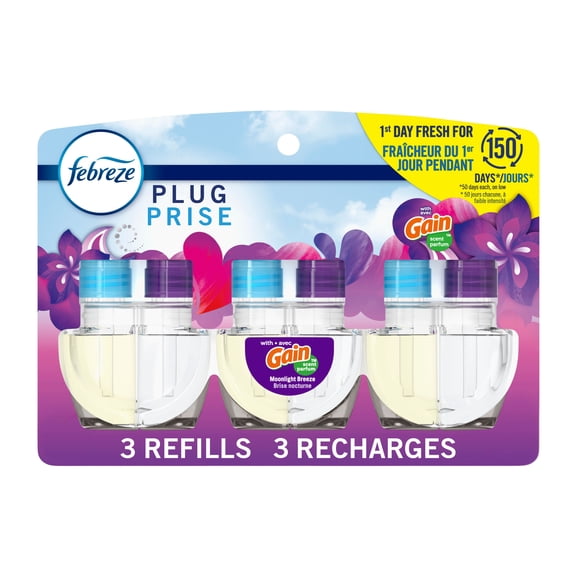 Febreze Plug In Air Freshener, Odor-Fighting Scented Oil Refill, Moonlight Breeze 3 Refills
