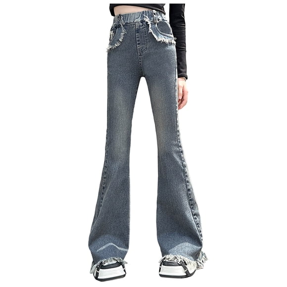 Fsqjgq High Waist Flare Leggings Stylish Denim Pants Vintage Baggy Elastic Waist Jean for Kids Trendy Clothes