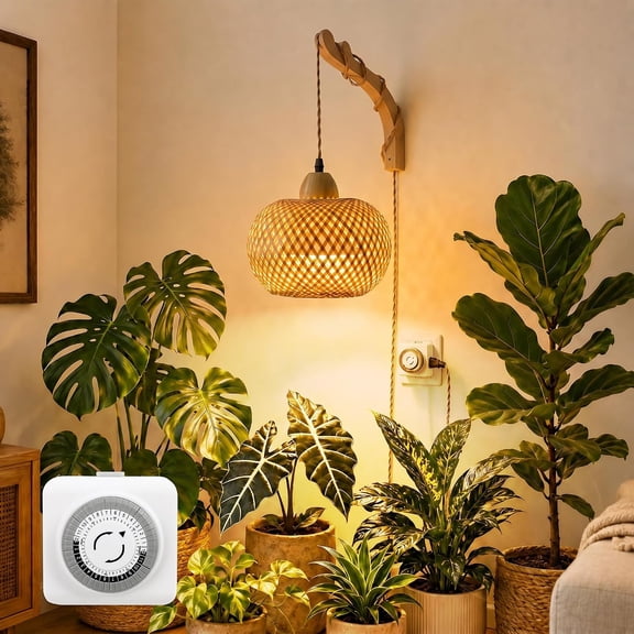 Wall Mounted Grow Light for Indoor Plants with Timer, Full Spectrum 3500K Pendant Lamp, Rattan Shade Decorative Hanging Light with 19.7ft Cord