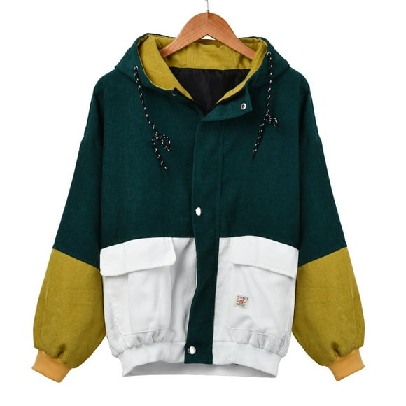 BYHONG Women Long Sleeve Corduroy Patchwork Oversize Jacket Windbreaker Coat Overcoat Coat for Women Green XL