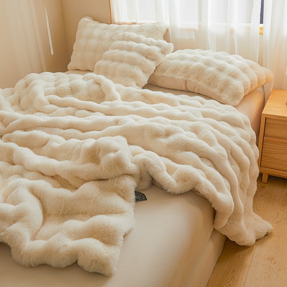 Luxury Fluffy Warm Faux Rabbit Fur Blanket Winter Thickened Double Layer Plush Blankets Solid Soft Throw Blanket for Sofa Bed