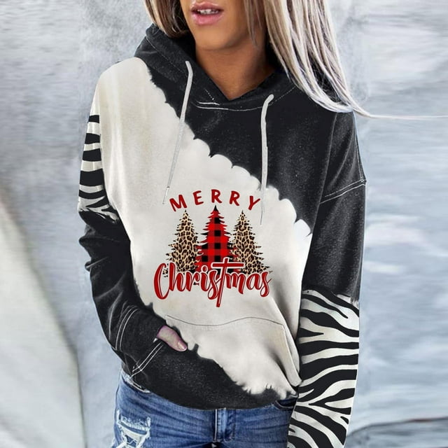Chandails à Capuche de Noël pour Femmes en Liquidation, Imprimé Mode, Col Rond, Hauts à Enfiler, Manches, Blouse à Capuche, Chandail