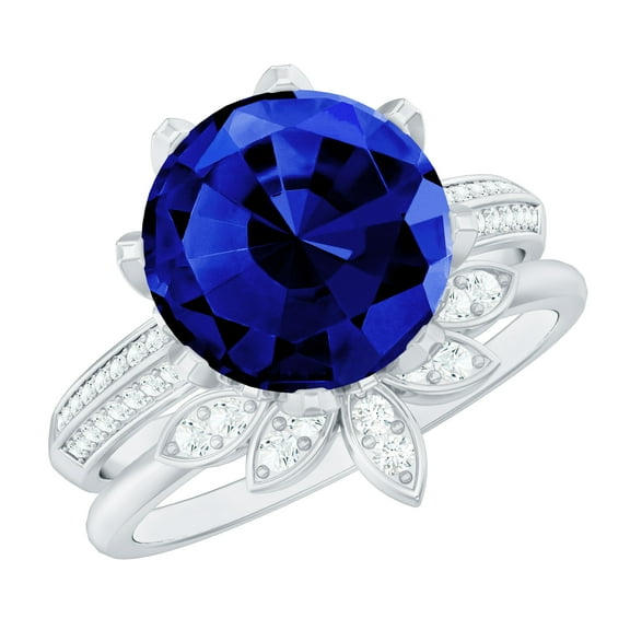 Rosec Jewels Lab Grown Blue Sapphire Ring Set with Diamond - Floral Bridal Ring Set, 925 Sterling Silver, US 4.00