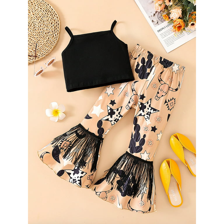 Qtinghua Fashion Toddler Baby Girls Western Clothes Sleeveless Letter Strap  Tops Cow Print Bell Bottoms Outfits Black 3-4 Years 