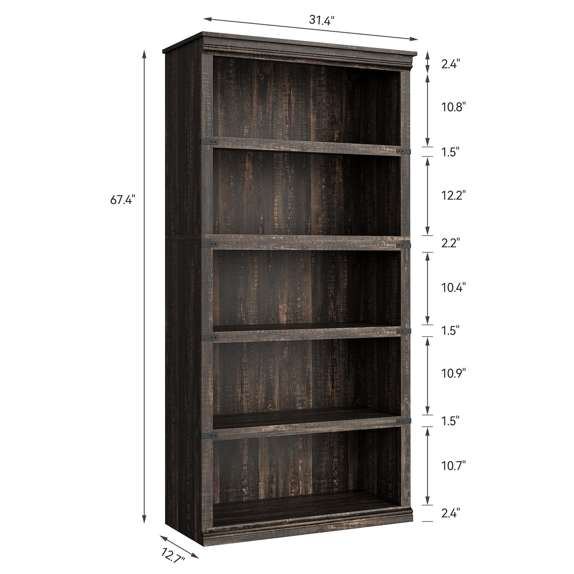 5 Tier Bookcase, Farmhouse Book Shelf with Storage Open Display Bookshelves, 67.4" Tall Book Case Wooden 5 Shelf Bookcase Home Decor Furniture for Home Office, Living Room, Bed Room
