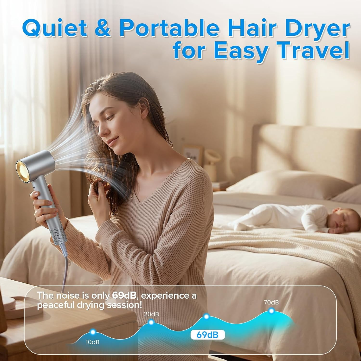 High-Speed Ionic Hair Dryer, 150K RPM Brushless Motor with 3 Heat Settings, Low Noise, Includes Diffuser and Nozzle for Salon and Travel