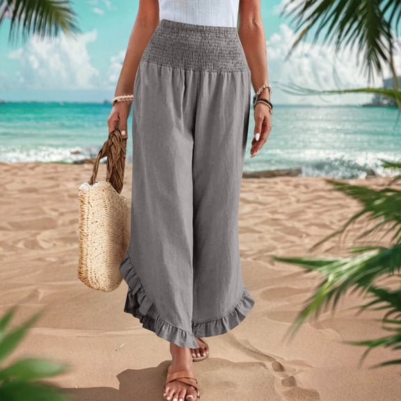 Mifsaly Summer Pants for Women Ruffle Hem High Wasit Wide Leg Linen Pant Flowy Baggy Lounge Beach Trousers Lightweight Comfortable Vacation Outfits